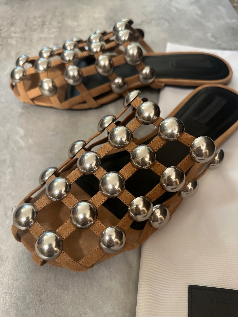 NIB Alexander Wang Tan Clay Amelia suede Slide Sandals with Silver Studs